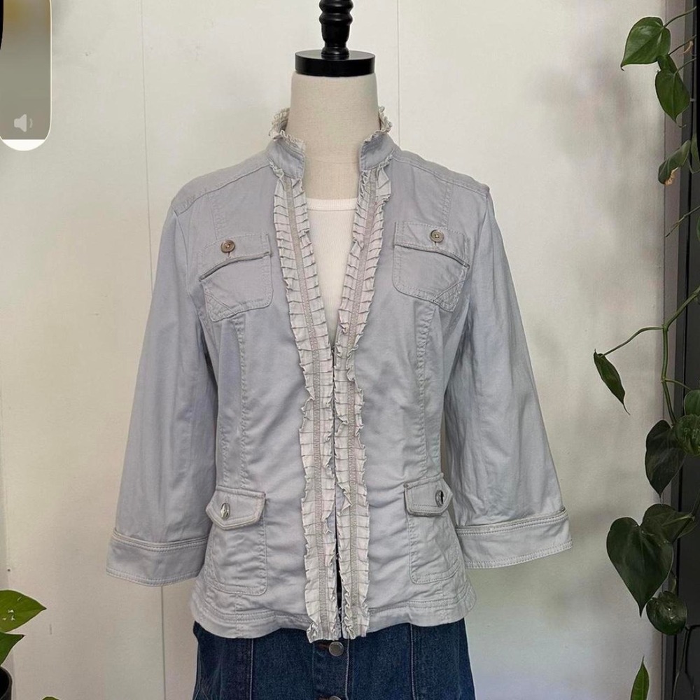 White House Black Market Periwinkle Grey Ruffle Ribbon Blazer Jacket Womens 14